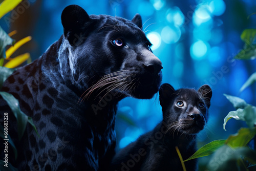 Pantera negra e seu filhote na floresta noturna com iluminação azul - Papel de parede photo