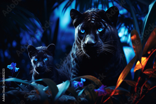 Pantera negra e seu filhote na floresta noturna com iluminação azul - Papel de parede