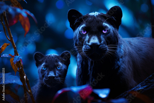 Pantera negra e seu filhote na floresta noturna com iluminação azul - Papel de parede photo