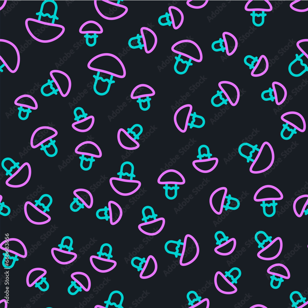 Line Mushroom icon isolated seamless pattern on black background. Vector