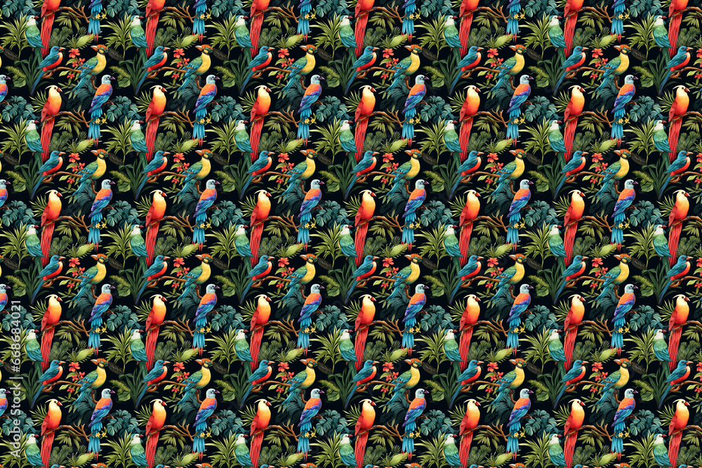 tropical parrot birds painting wallpaper seamless pattern