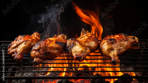Grilled chicken legs on the grill with flames on a black background