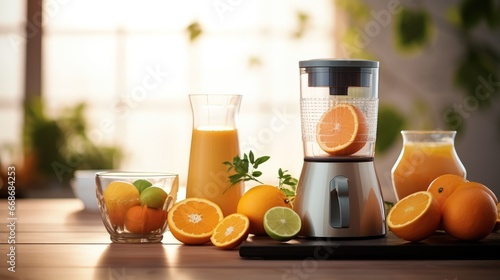 Freshly pressed orange juice and electric juicer.