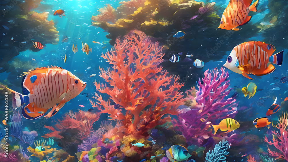 Journey to the Underwater Realm: A 2D Blue Illustration of Marine Life ...