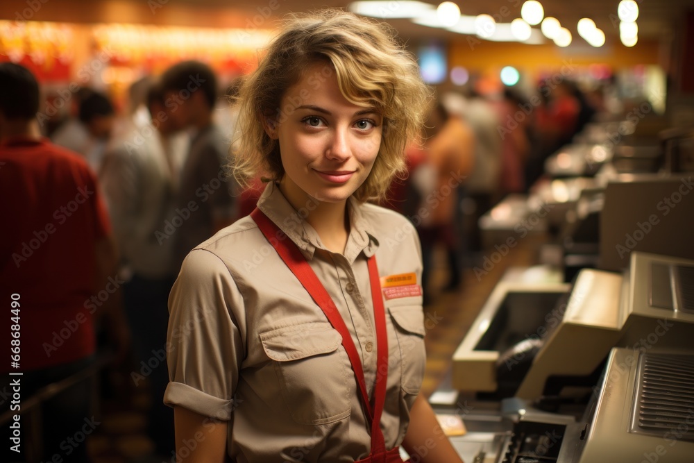 Fototapeta premium supermarket worker cashier in supermarket selfie view