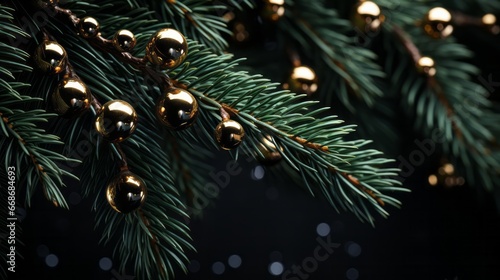 Christmas tree branches with a garland on a black background. Generative AI.
