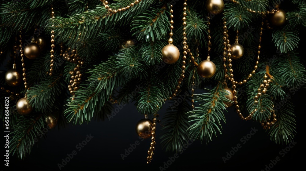 Christmas tree branches with a garland on a black background. Generative AI.
