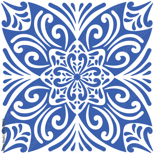 Pattern blue and white. Original traditional Portuguese and Spain decor.Seamless pattern tile with Victorian motives. Ceramic tile in talavera style. Ornamental blue and white patterns for any decor. © Lex_Sky
