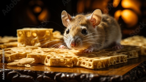 Close-up of mousetrap with cheese ready to catch a mouse. Generative AI.