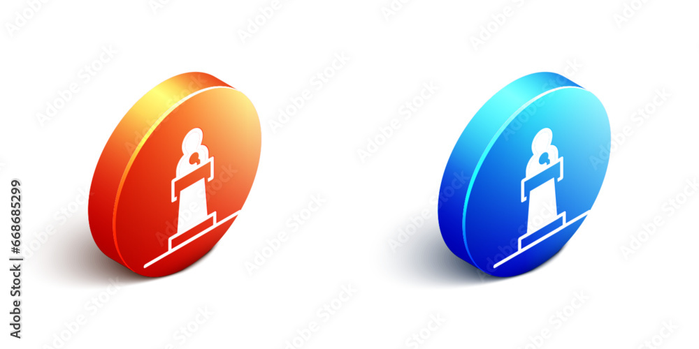 Isometric Speaker icon isolated on white background. Orator speaking from tribune. Public speech. Person on podium. Orange and blue circle button. Vector Isometric Speaker icon isolated on white background. Orator speaking from tribune. Public speech. Person on podium. Orange and blue circle button. Vector