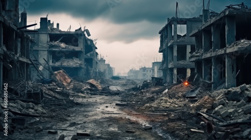 Empty city with destroyed houses, Collapsed buildings, War victim.
