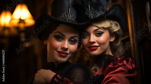Girls cabaret performers. Red color in clothes and decor, Bright stage makeup. Cabaret atmosphere of elegant and glamorous women in beautiful costumes.