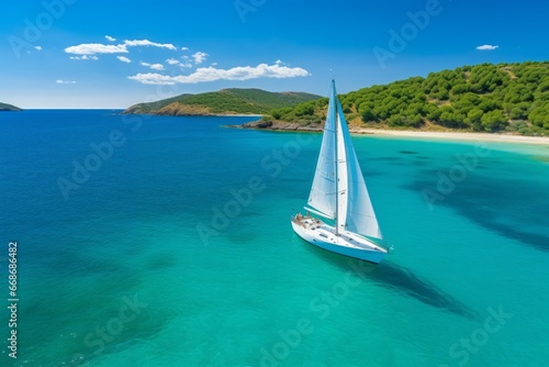Sailboat at sea. Conceptual symbol. Background with selective focus and copy space © top images