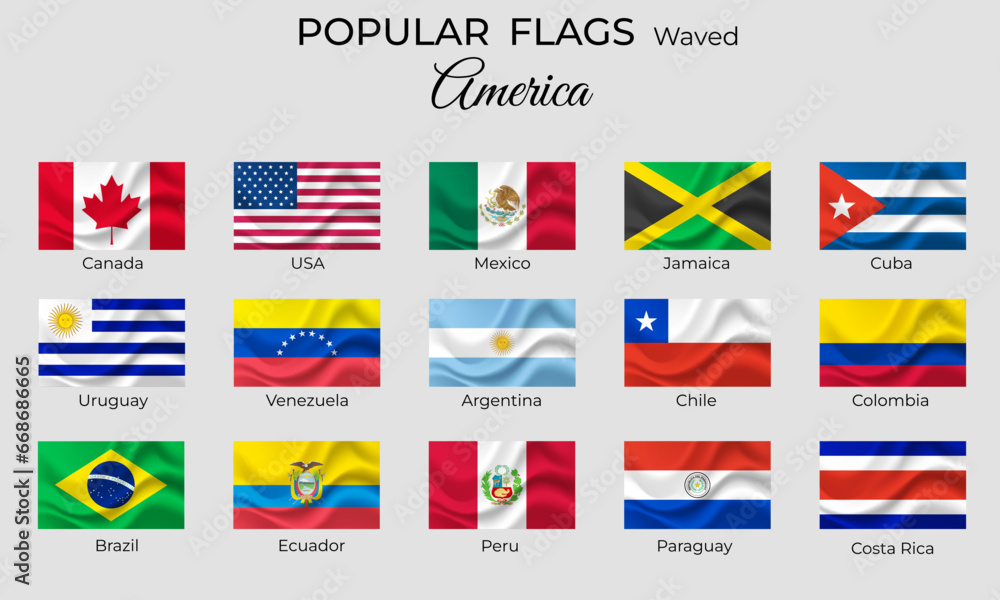 Waved flags of American countries. America flag icon set. 3d waved design. Official coloring. Vector flags isolated