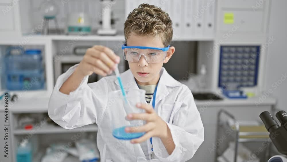 Adorable blond boy playing scientist, pouring liquid into a test tube in a cozy home lab, combining the fun of childhood with a serious interest in scientific analysis, promoting safety and learning. Adorable blond boy playing scientist, pouring liquid into a test tube in a cozy home lab, combining the fun of childhood with a serious interest in scientific analysis, promoting safety and learning.