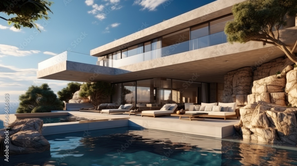 Tranquil modern luxury home showcase exterior with infinity pool and ocean view.
