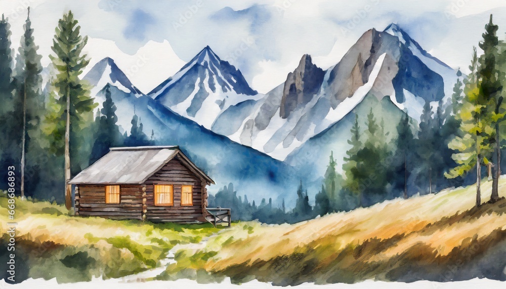 Washed out watercolor image of a cabin in a forest in the mountains