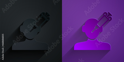 Paper cut Addiction to the drug icon isolated on black on purple background. Heroin, narcotic, addiction, illegal. Sick junkie with a syringe and medical pills. Paper art style. Vector
