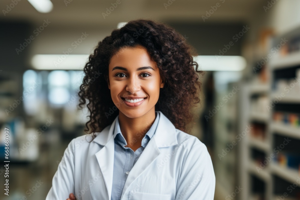 Female pharmacist. Portrait with selective focus and copy space Female pharmacist. Portrait with selective focus and copy space