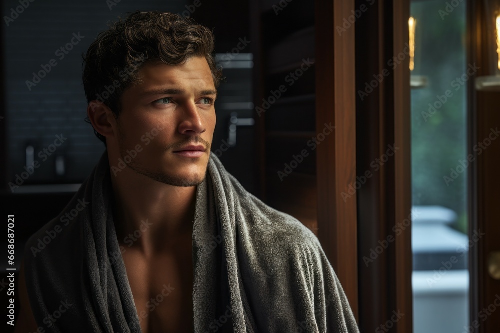 A man gets out of the shower. Portrait with selective focus and copy space A man gets out of the shower. Portrait with selective focus and copy space