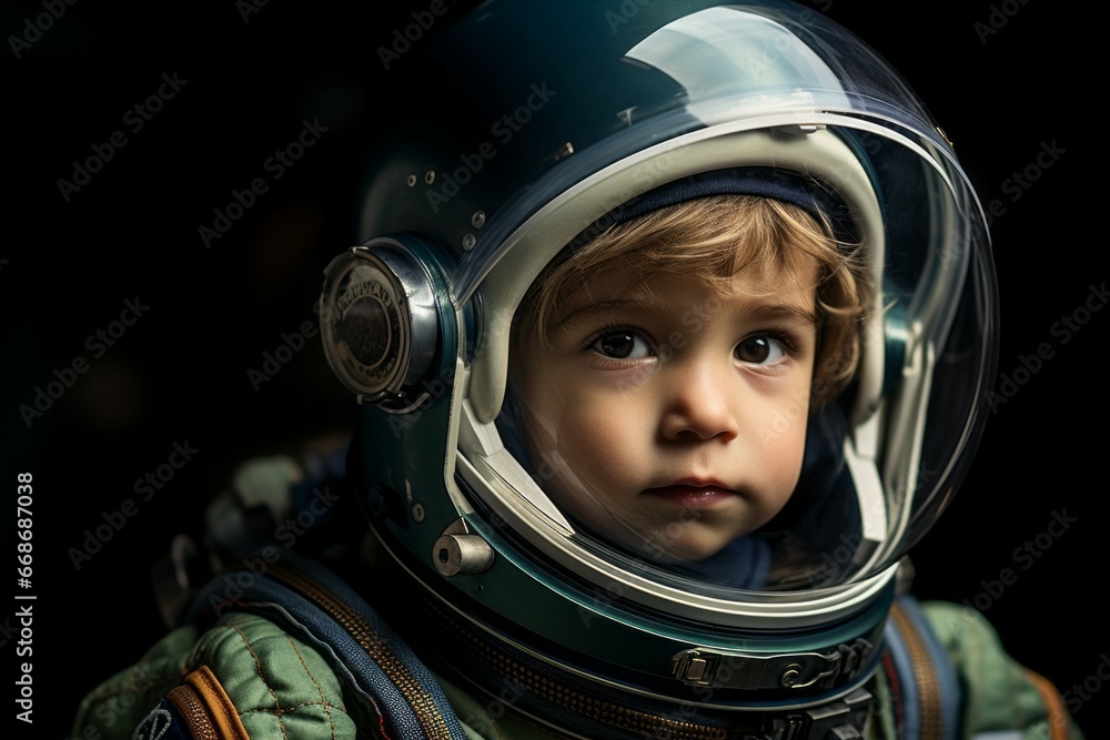 Portrait of a child in an astronaut costume with selective focus and copy space