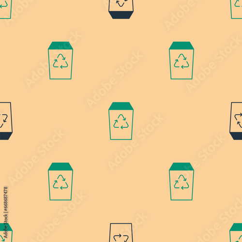 Green and black Recycle bin with recycle symbol icon isolated seamless pattern on beige background. Trash can icon. Garbage bin sign. Recycle basket sign. Vector
