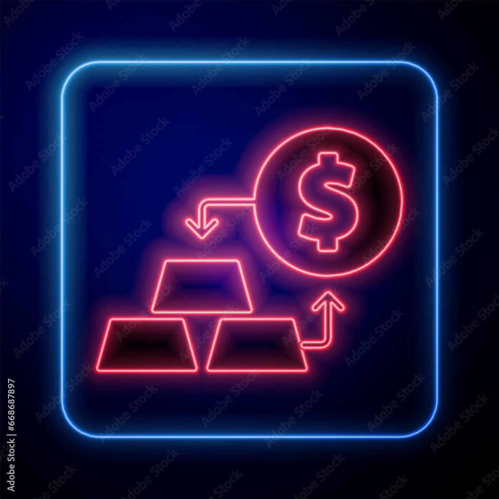 Glowing neon Gold exchange money icon isolated on black background. Money changer. Vector Glowing neon Gold exchange money icon isolated on black background. Money changer. Vector
