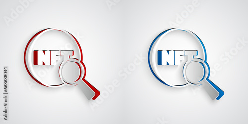 Paper cut Search NFT icon isolated on grey background. Non fungible token. Digital crypto art concept. Paper art style. Vector