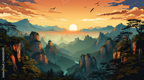 scenic view of Zhangjiajie National Forest Park during sunrise or sunset in comic art style illustration. photo