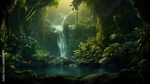 realistic picture rainforest background, copy space, 16:9