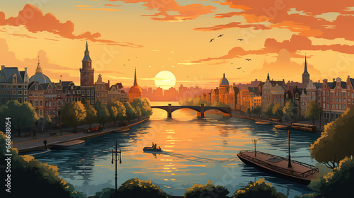 Scenic view of Amsterdam during sunrise or sunset in comic art style illustration.