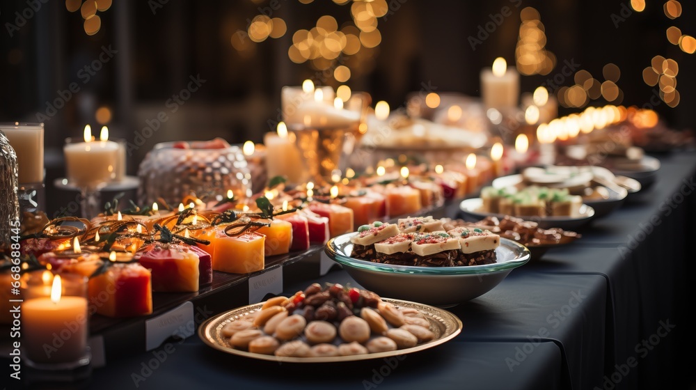 Christmas dinner table full of dishes with food and snacks on a green tablecloth, festive feast with a variety of food. Concept: Buffet, catering