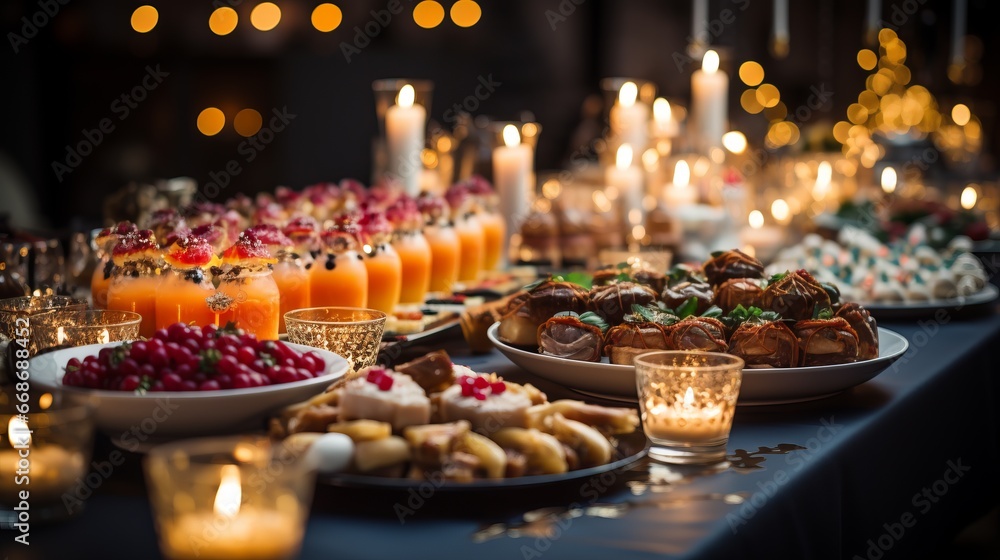 Φωτογραφία Christmas dinner table full of dishes with food and snacks on a green tablecloth, festive feast with a variety of food