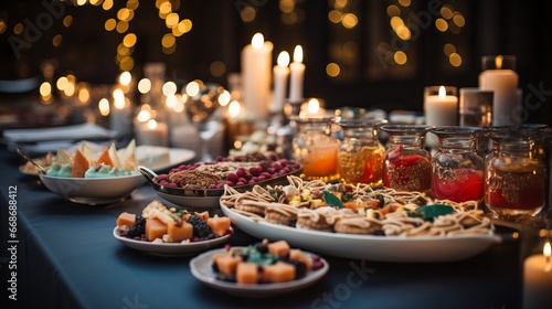 Christmas dinner table full of dishes with food and snacks on a green tablecloth, festive feast with a variety of food. Concept: Buffet, catering