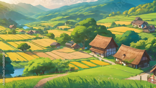 Countryside An Illustration of a Green nature Landscape with a Charming Village House,