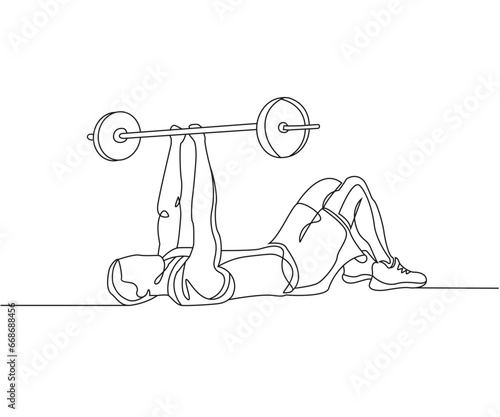 Laying chest press barbell exercise line drawing isolated on copy space white background, Barbell Floor Press exercise editable vector illustration, Continuous one line drawing outline clip art