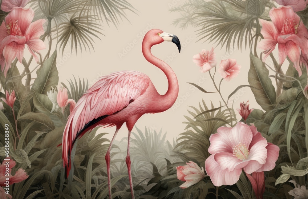 Naklejka premium Wall art and wallpaper old Drawing pink Whimsical Vintage Illustration of a Lush Tropical Jungle Paradise with Exotic Birds, Palm Fronds, and Flamingos