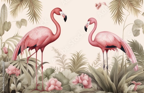 Wall art and wallpaper old Drawing pink Whimsical Vintage Illustration of a Lush Tropical Jungle Paradise with Exotic Birds  Palm Fronds  and Flamingos