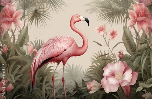 Wall art and wallpaper old Drawing pink Whimsical Vintage Illustration of a Lush Tropical Jungle Paradise with Exotic Birds, Palm Fronds, and Flamingos