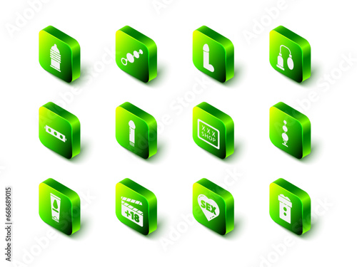 Set Anal beads, Dildo vibrator, Penis pump, Vagina masturbator, Sex shop, Heart with text and Movie clapper 18 plus content icon. Vector