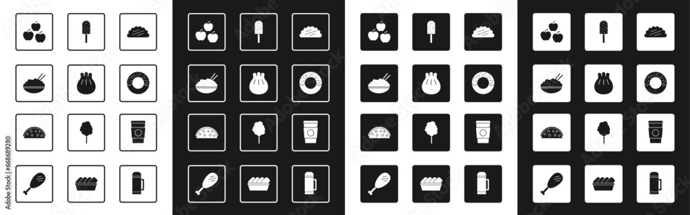 Set Taco with tortilla, Khinkali on cutting board, Rice bowl chopstick, Apple, Donut, Ice cream, Coffee cup go and icon. Vector Set Taco with tortilla, Khinkali on cutting board, Rice bowl chopstick, Apple, Donut, Ice cream, Coffee cup go and icon. Vector