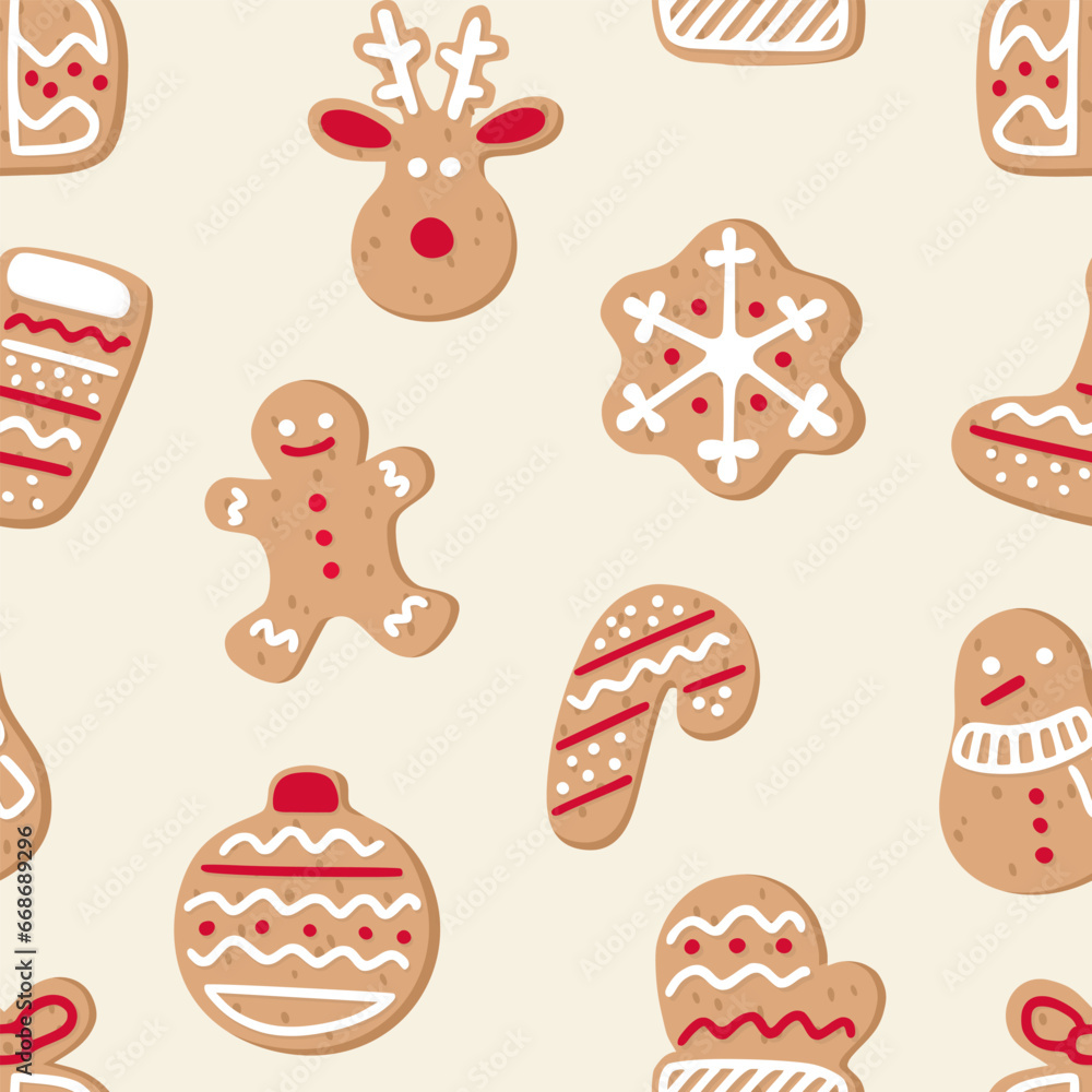 Fototapeta premium Gingerbread cookies pattern. Flat cartoon style