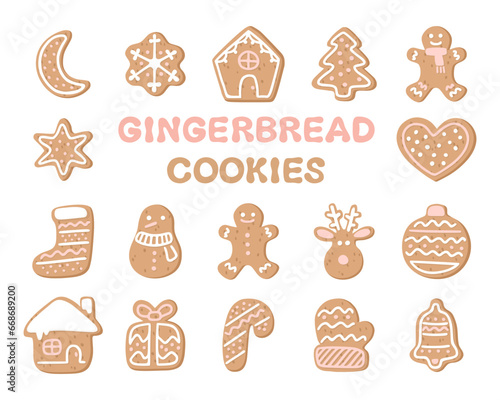 Gingerbread cookies collection. Flat cartoon style.