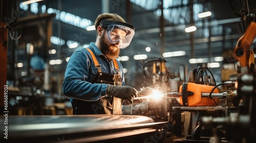 Worker working with a welding machine in steel factory. © visoot
