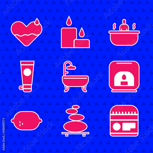 Set Bathtub, Stack hot stones, Cream or lotion cosmetic tube, Aroma lamp, Lemon, and Heart heal icon. Vector