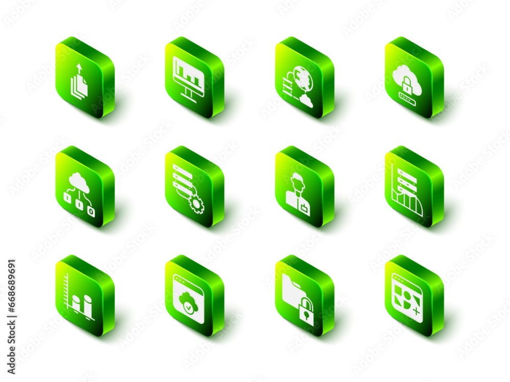 Set Monitor with graph chart, Network cloud connection, Cloud computing lock, Server, Data, Web Hosting, Different files, Analyst engineer, Folder and and technology data transfer icon. Vector Set Monitor with graph chart, Network cloud connection, Cloud computing lock, Server, Data, Web Hosting, Different files, Analyst engineer, Folder and and technology data transfer icon. Vector