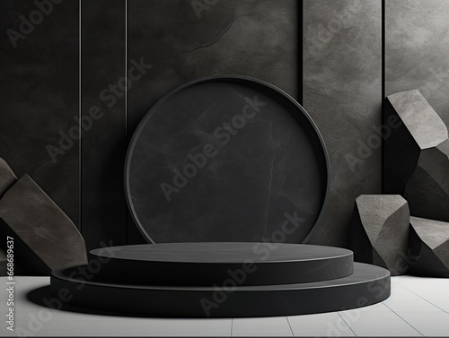 Black geometric Stone and Rock shape background, minimalist mockup for podium display or showcase.