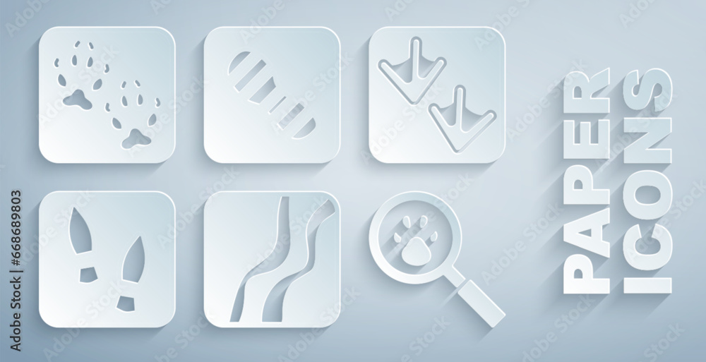 Set Snake paw footprint, Goose, Human footprints shoes, Paw search, and Fox icon. Vector Set Snake paw footprint, Goose, Human footprints shoes, Paw search, and Fox icon. Vector