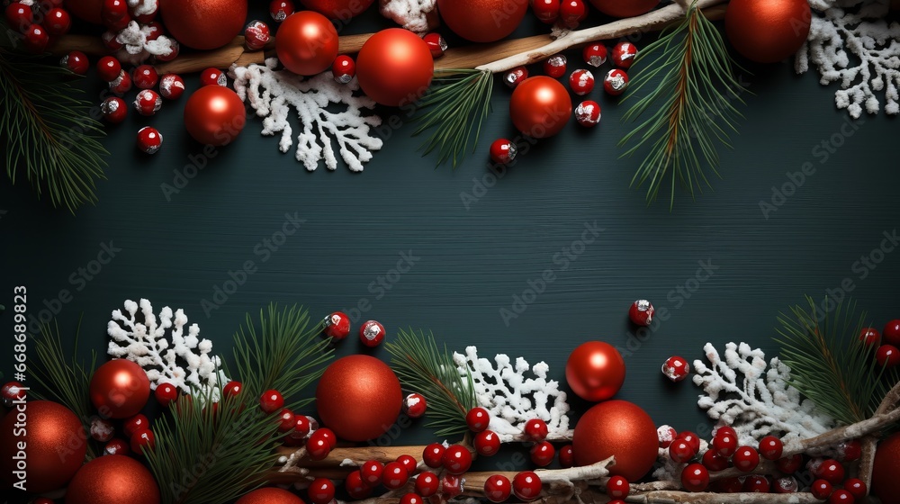 Red christmas background with fir branches and candy cane. Generative AI.