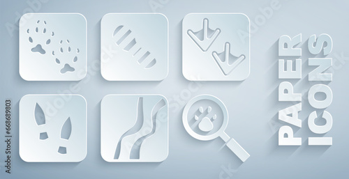 Set Snake paw footprint, Goose, Human footprints shoes, Paw search, and Fox icon. Vector
